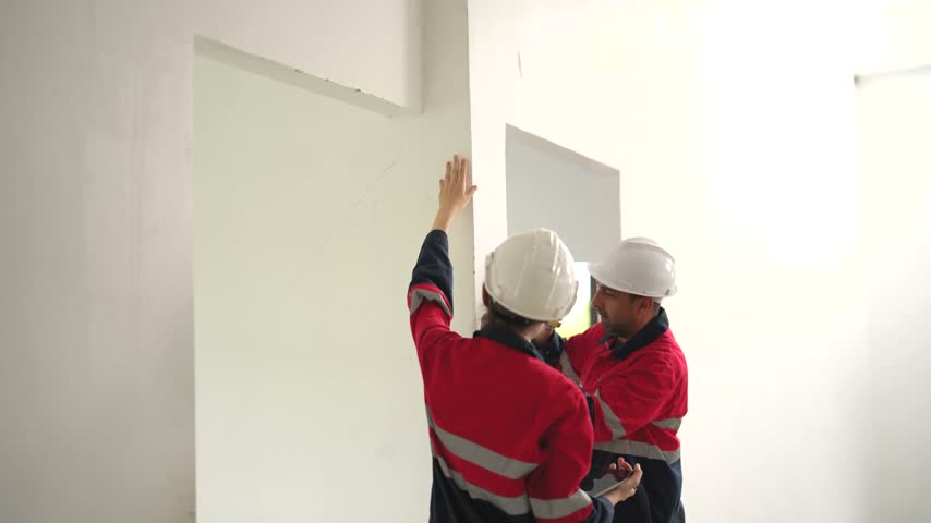 Construction workers point toward wall and ceiling area while discussing installation details and inspecting workmanship inside unfinished building project.