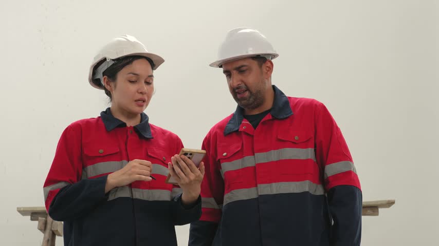 Slow motion portrait of two construction workers wearing hard hats talking together while standing inside unfinished building at construction site.