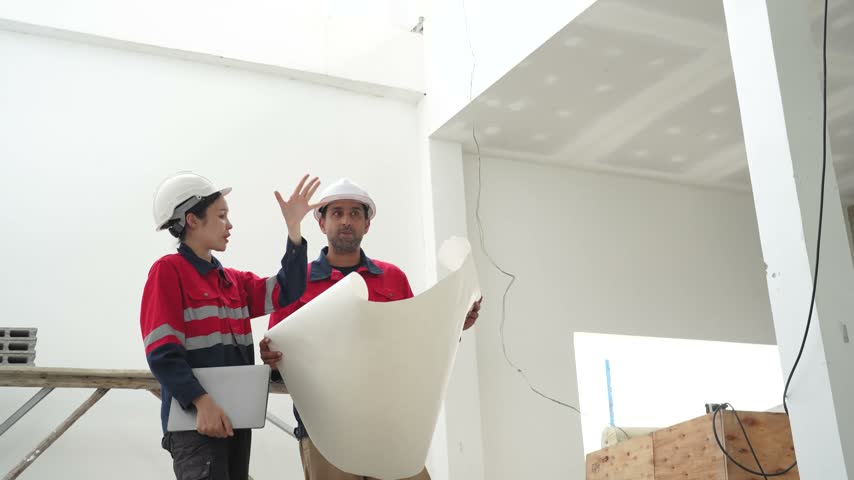Two construction workers review building details and point toward ceiling structure while discussing installation plans and work progress inside unfinished property.