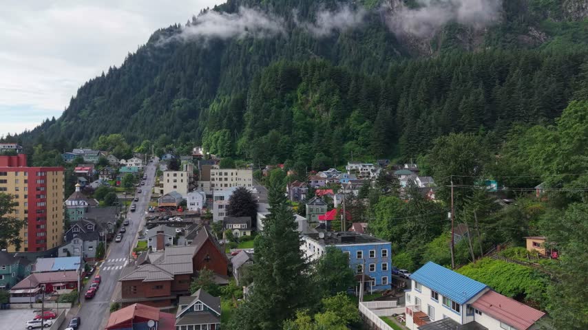 Downtown Juneau Neighborhood Below Forested Mountain
