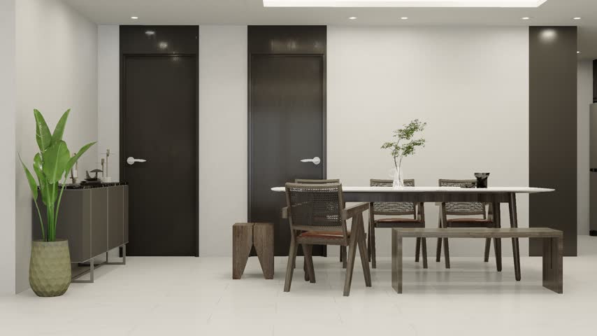 Modern dining room interior with wooden furniture and pendant lighting. Smooth dolly-in camera movement through a bright contemporary residential space. 3D architectural visualization in 4K.