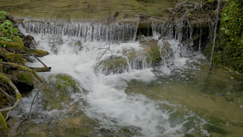 Waterfalls with tree branches on forest river in slow motion.