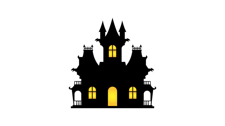 Front view silhouette of haunted mansion with flickering yellow windows against a plain white background