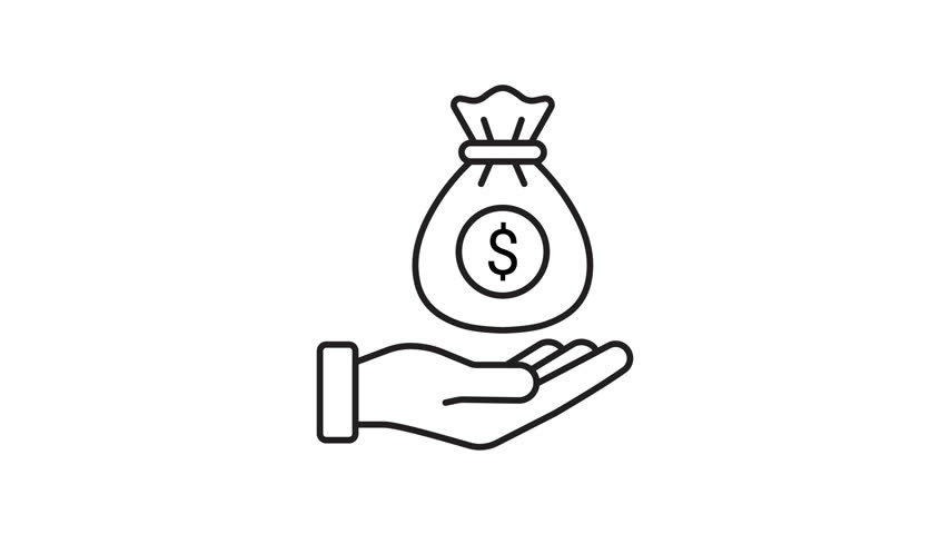 Minimalist line art icon of a hand holding a money bag on white background