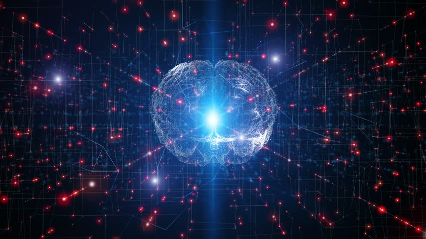 Shining glow digital dots with 3d human brain animation background.