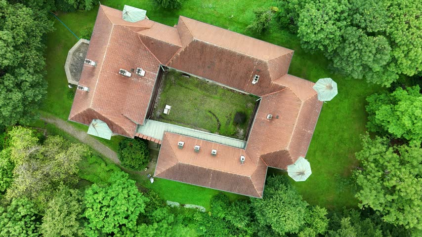 Aerial view of Debno Castle, a well-preserved medieval fortress in Lesser Poland, Poland
