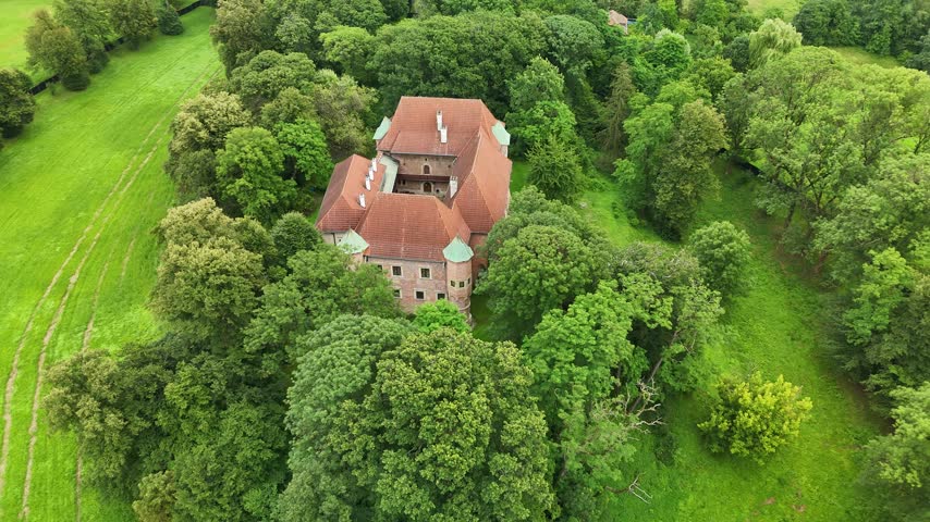 Aerial view of Debno Castle, a well-preserved medieval fortress in Lesser Poland, Poland
