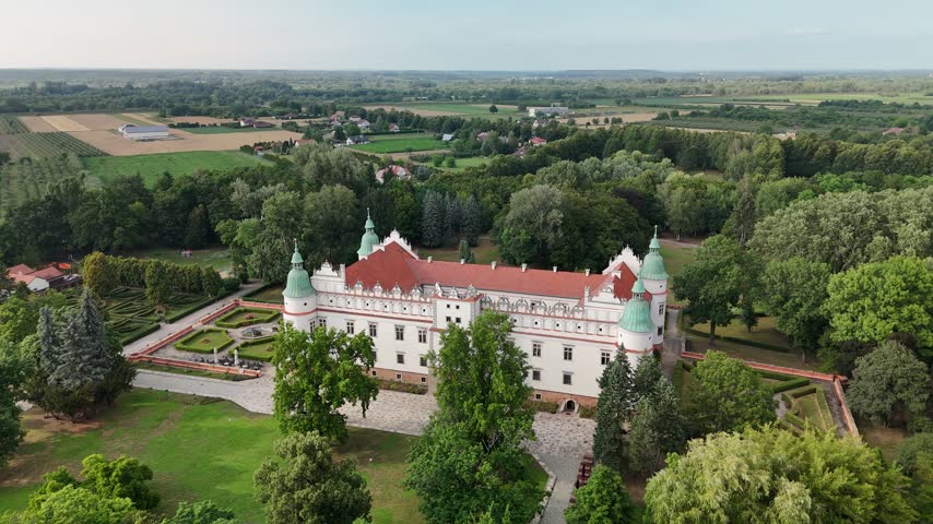 Aerial view of Baranow Sandomierski Castle, a Renaissance palace in Poland

