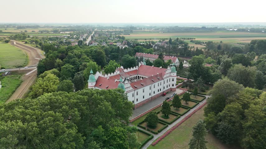 Aerial view of Baranow Sandomierski Castle, a Renaissance palace in Poland
