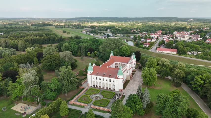 Aerial view of Baranow Sandomierski Castle, a Renaissance palace in Poland
