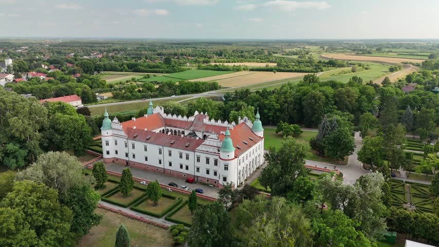 Aerial view of Baranow Sandomierski Castle, a Renaissance palace in Poland
