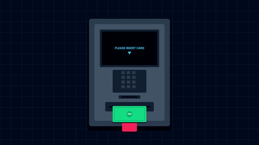 A flat vector style motion graphic animation showing an automated teller machine displaying a prompt and dispensing cash money.