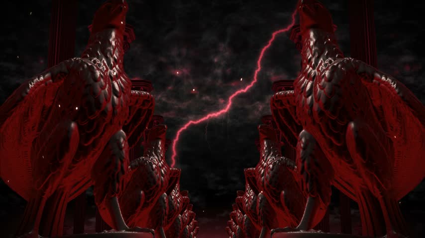 Symmetric rows of red eagle statues framed by giant feathered wings under a dark stormy sky with lightning flashes. Seamless epic VJ loop for stage visuals. 4K UHD.