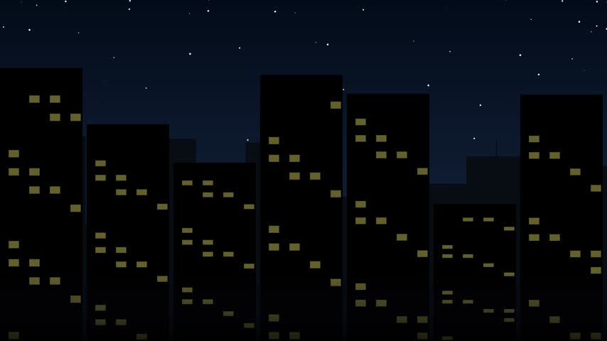 A night city skyline with a rising full moon against a dark starry sky