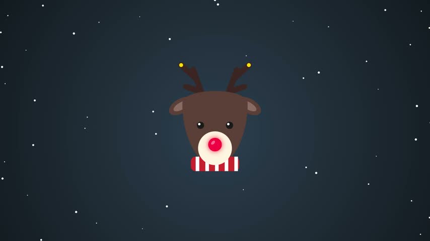 Reindeer character animation set against a dark background with falling snow particles