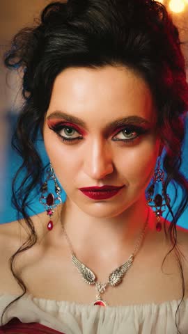 Two women vampires. beauty woman black hair Fantasy lady evil face queen sitting on throne vampire girl biting victim in neck drinking blood sharp fangs red lips. dark night room candles light art 4k.