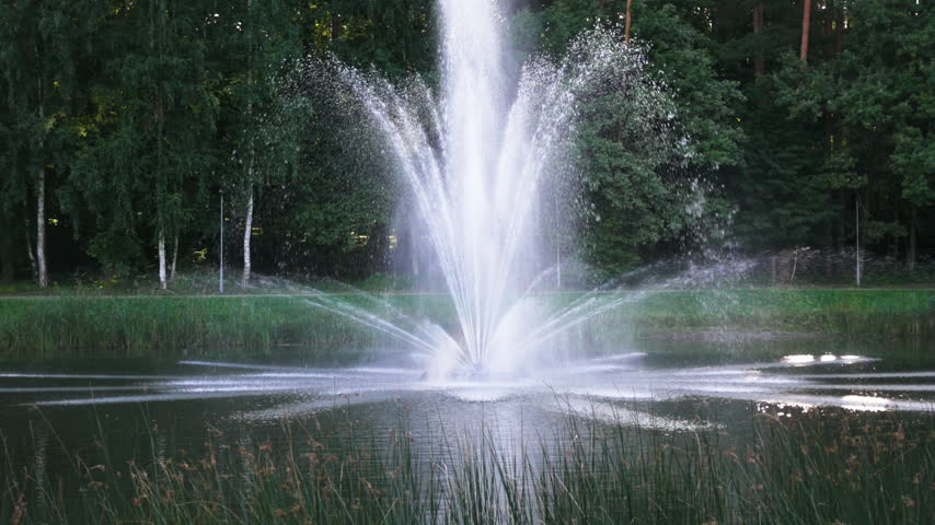 Water fountain spraying in a park pond surrounded by green trees