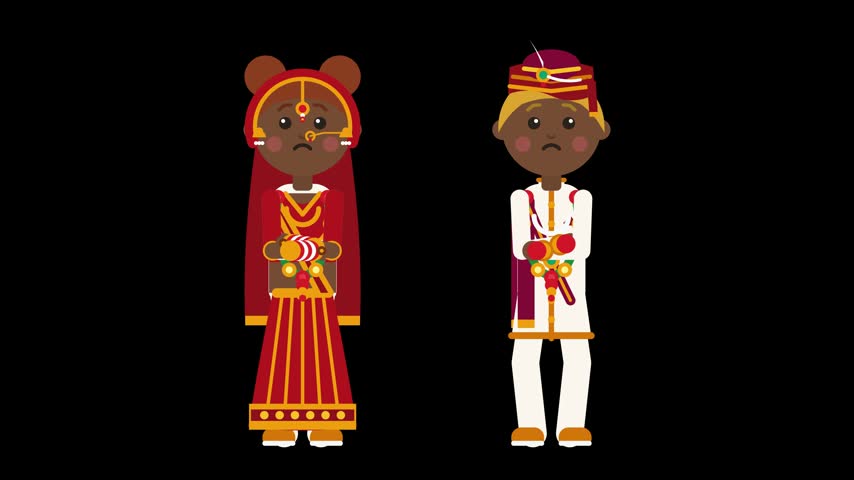 Flat vector cartoon of an Indian bride and groom in traditional red and white wedding dress, holding flower garlands. Cute characters for wedding invitations, greeting cards and cultural designs.
