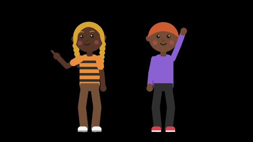Flat vector illustration of two cheerful dark-skinned children on a black background: a girl with blonde braids pointing, and a boy in an orange cap raising his hand.