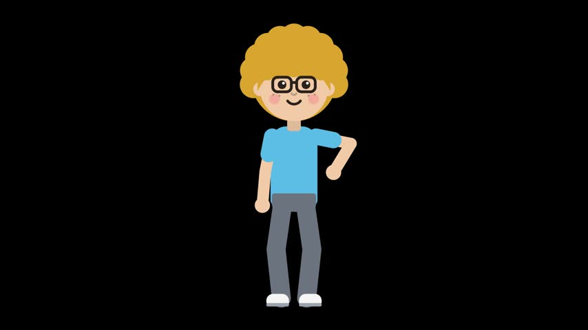 Flat vector cartoon boy with curly hair and round glasses in a blue t-shirt stands with one hand on his hip, smiling and talking. Ideal for explainer videos, animation and presentations.