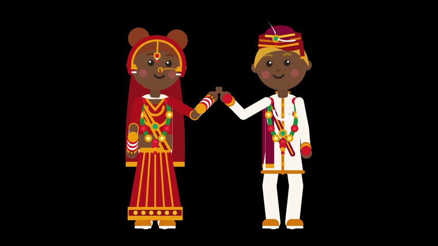 Flat vector illustration of a cartoon Indian bride and groom in traditional red and white wedding attire, holding hands on a black background, ideal for wedding invitations and greeting cards.