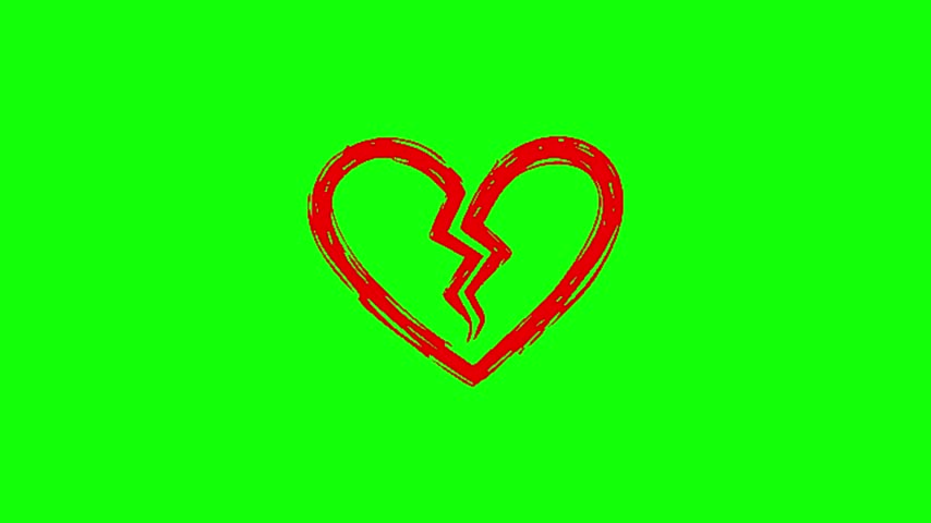 A red broken heart sketch icon over a green screen background. A simple graphic illustration of a shattered heart symbol drawn with rough brush strokes, split in the middle. A clean digital asset ideal for emotional animations, sadness or heartbreak concepts, relationship themes, and creative video editing projects.
