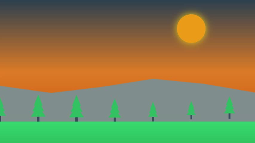 A flat minimalist landscape animation featuring a sunset over mountains and pine trees with the greeting text Welcome November fading in and out.