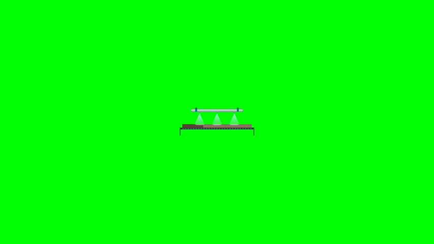 2D vector motion graphic of a 316L steel and teal spray header system washing a mineral cake bed on a moving vacuum belt with fan-jet nozzles on a chroma green background.
