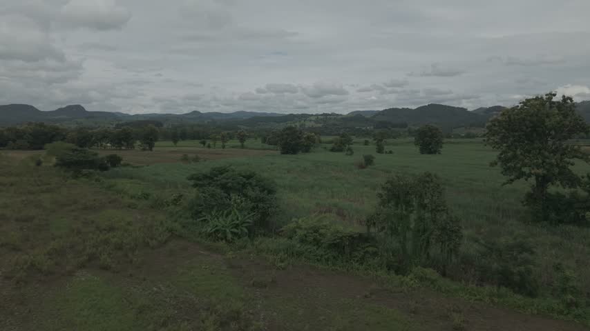 Beautiful aerial perspective of farmland and trees under a moody, cloud-covered sky.
