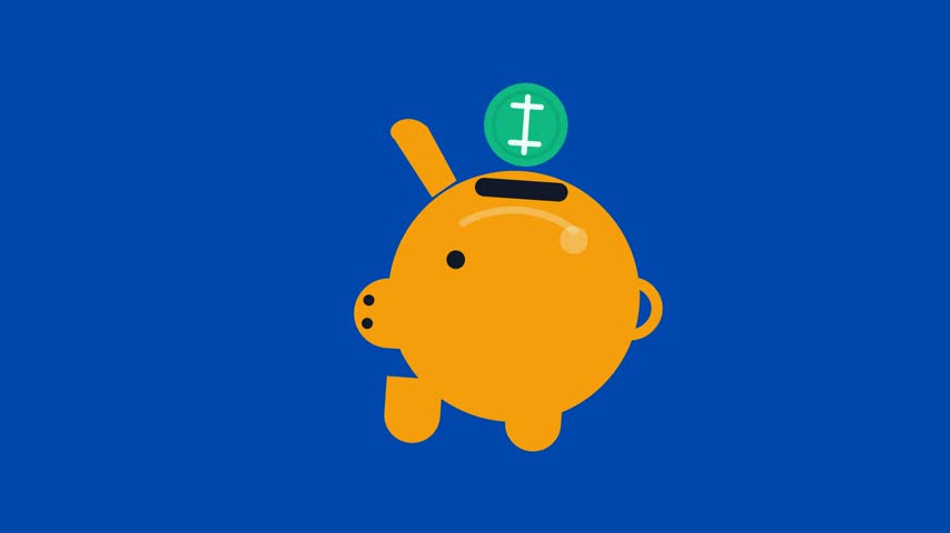 A colorful 2D flat design animation showing a green coin with a symbol falling into the slot of an orange piggy bank.