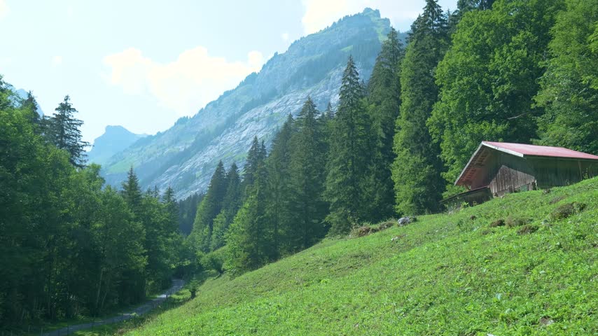Scenic alpine landscape with a wooden cabin on a green hillside and mountains in the background. Switzerland
