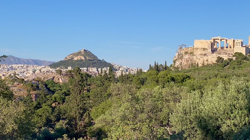 View across Athens to the Acropolis and Parthenon temples, Greece	
