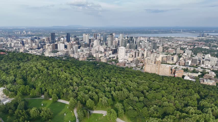 Montreal downtown skyline from Mount Royal with park, lake and greenery in summer, Quebec, Canada. g.