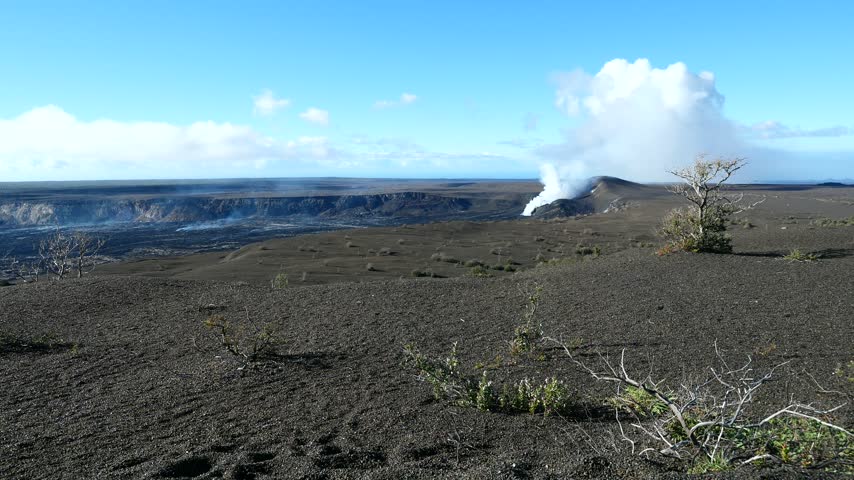 Volcanic Plume Blowing in Strong Wind at Kilauea Volcano on Hawaii Island