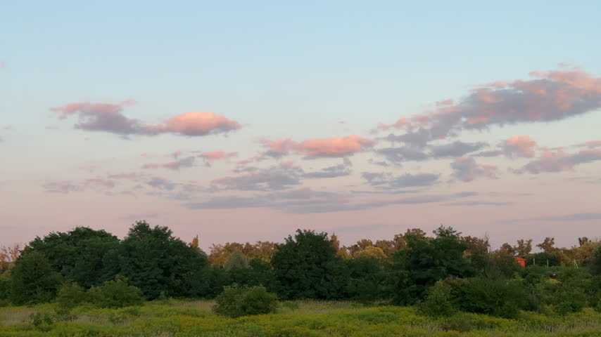 Peaceful sunset landscape with pink clouds over green trees and countryside nature