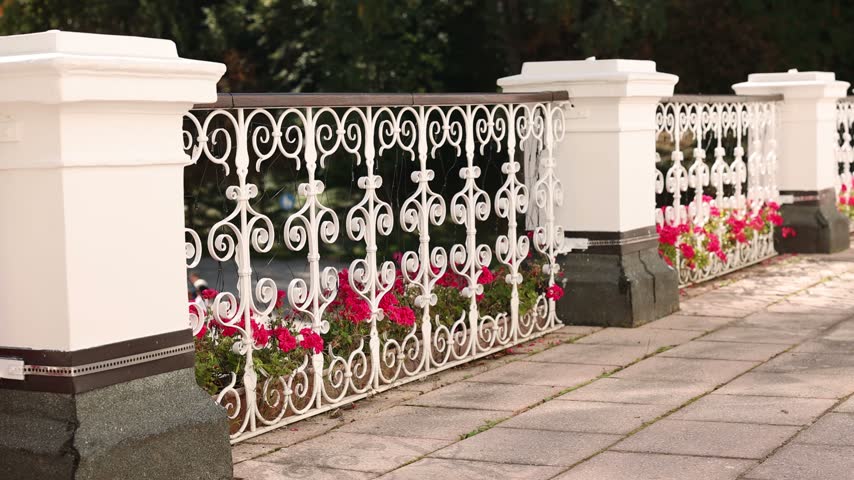 Close-up of an ornate white wrought-iron balcony railing with scrollwork, framed by shadow, overlooking pink geraniums in a terracotta planter and golden autumn foliage.