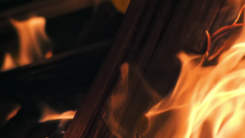 Close-up of a campfire at a campsite, Slow motion