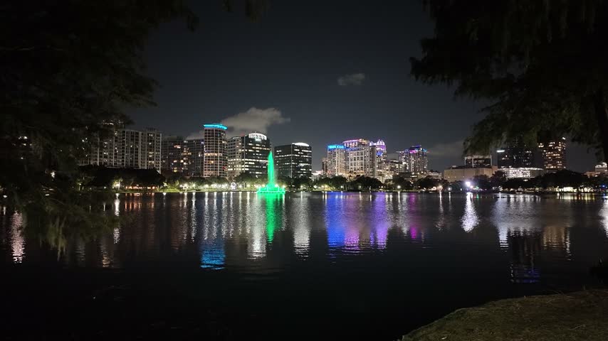 Orlando skyline from Lake Eola Park with fountain