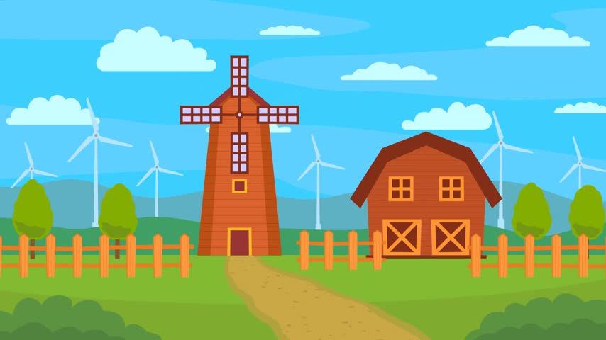 rural landscape with windmill and clouds