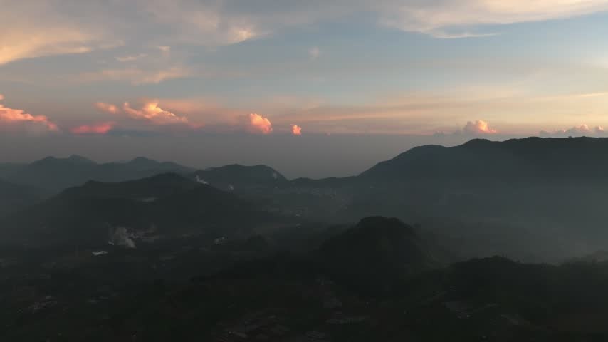 Panoramic Drone View of Atmospheric Mountain Horizon at Dusk