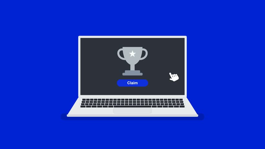 : A clean vector animation depicting a mouse cursor clicking a claim button on a laptop screen to win a prize, featuring a glowing golden trophy and celebratory confetti against a solid blue background.
