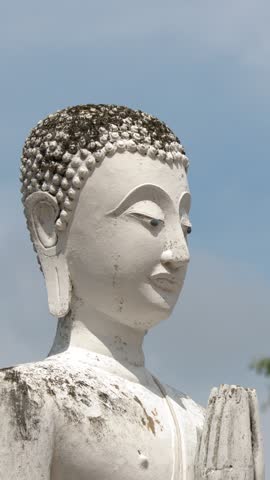 White stone Buddha statue stands in prayer under bright daylight in Ayutthaya, Thailand.