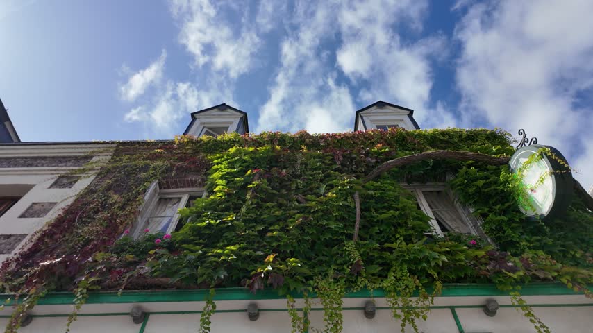 Ivy-covered traditional house facade with dormer windows and decorative greenery beneath a blue sky in Veules-les-Roses, Normandy, France
