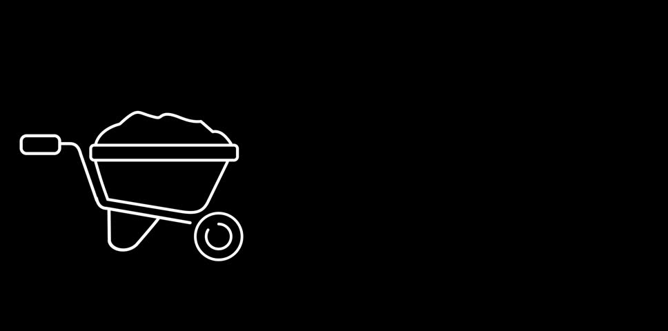 Simple white line drawing of a wheelbarrow filled with dirt on a black background.Animated wheelbarrow construction icon loopable animation
