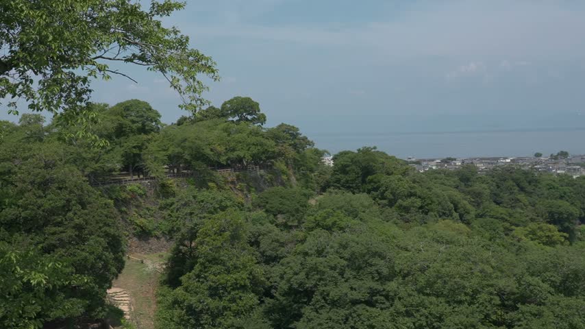 Panoramic Overlook of Hikone City, Lake Biwa and Castle Grounds from Hikone Castle Tenshukaku, National Treasure Samurai Castle in Shiga, Japan