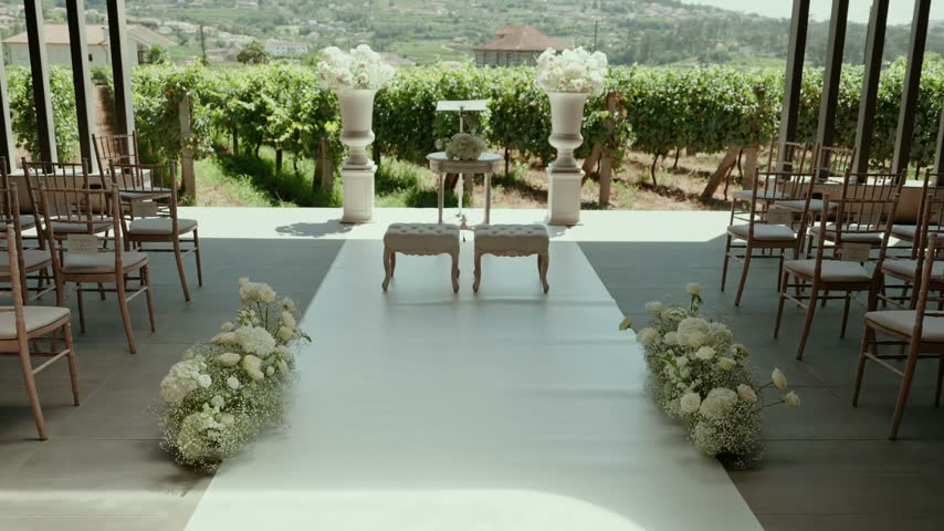 Empty ceremony space under the pergola, with white aisle runner, floral arrangements, two benches, stone urns and wooden chairs facing a vineyard.