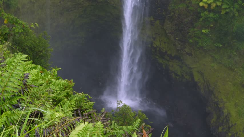 waterfall plunging into a deep lush canyon surrounded by vibrant green ferns and mist