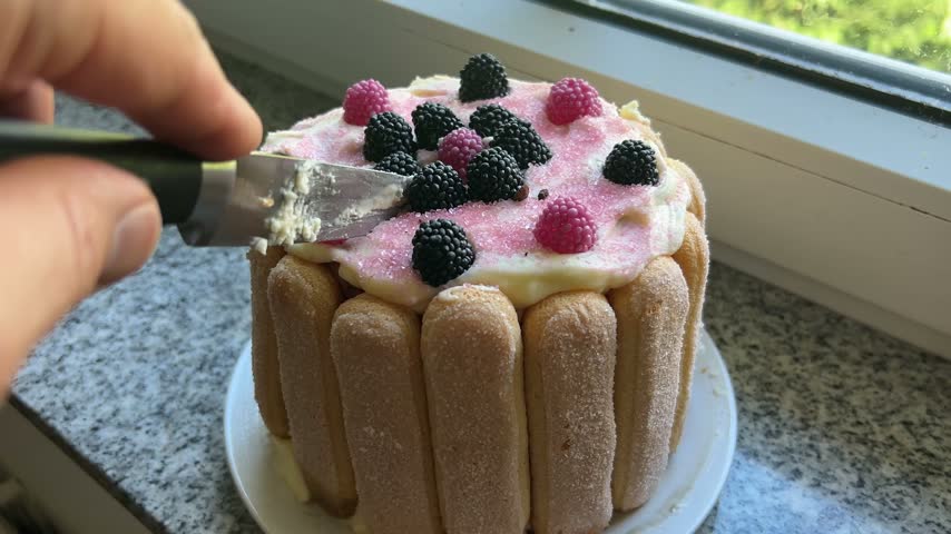 Close-up footage of a decorated homemade round cake covered with cream and pink sugar crystals and topped with fresh raspberries and blackberries. Ladyfinger biscuits are arranged vertically around the sides of the cake. The dessert is presented on a white plate in a home kitchen.