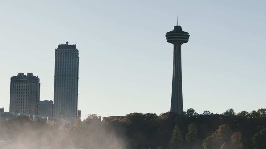 Misty View of Skylon Tower in Canada from American side of Niagara Falls