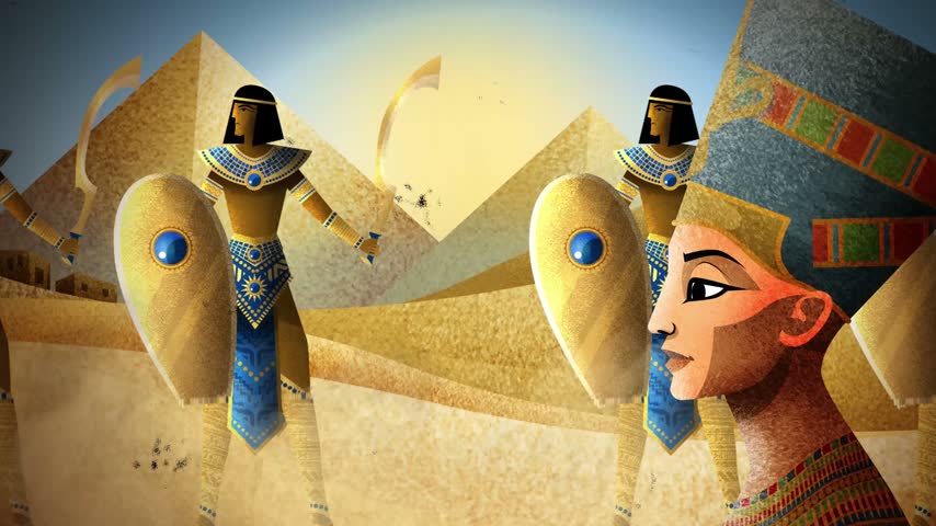 army of ancient egyptian warriors marching through the desert before pyramids behind a female pharaoh